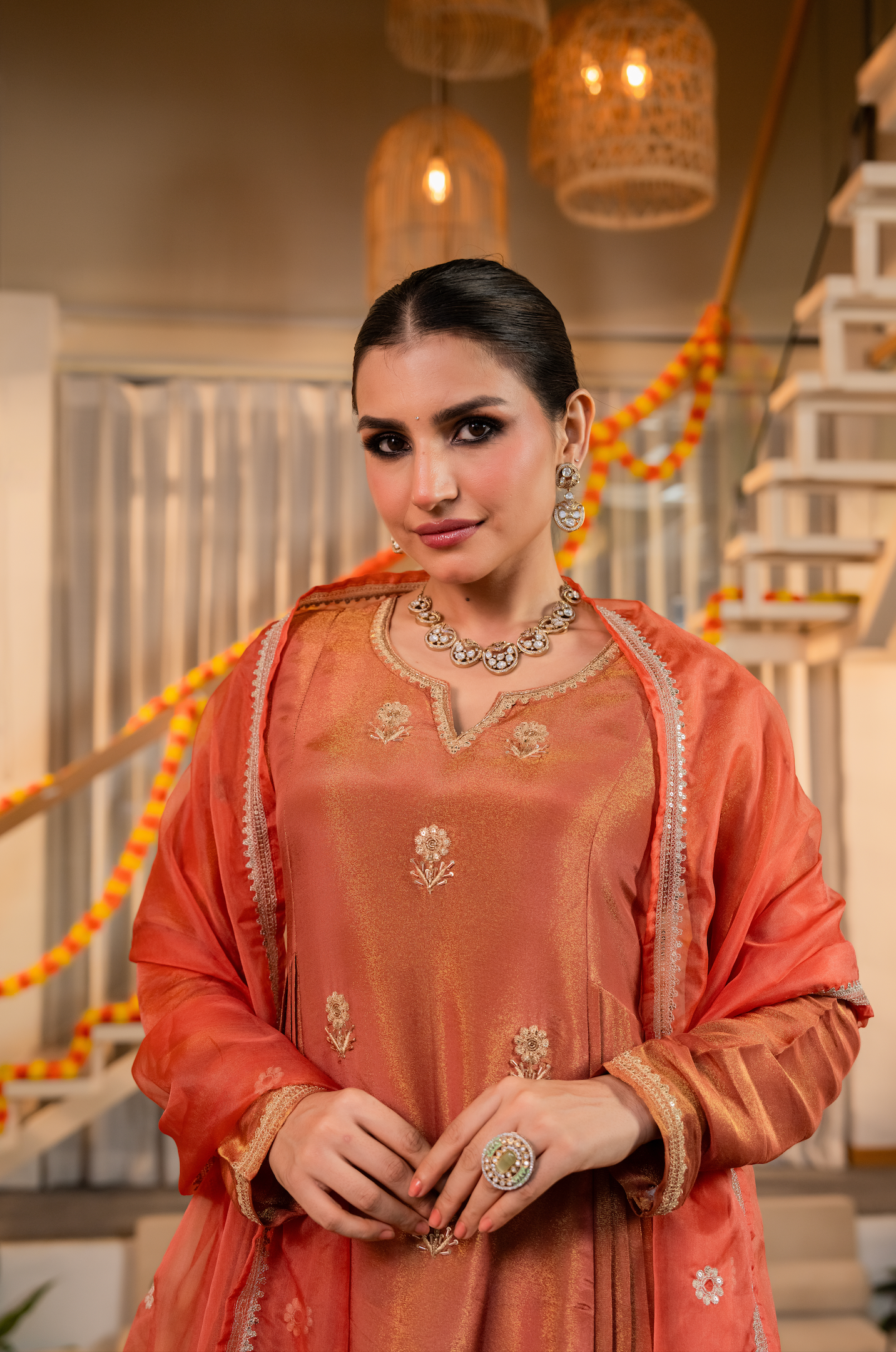 Coral Peach Gold Blue Tissue Suit Set