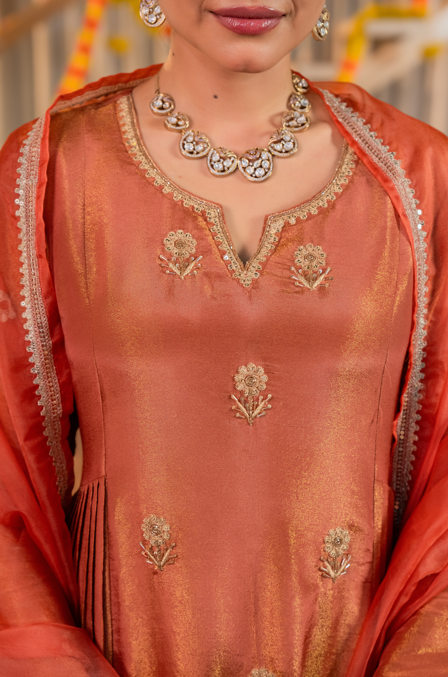 Coral Peach Gold Blue Tissue Suit Set