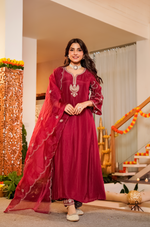 Crimson Embroidered Silk Suit Set