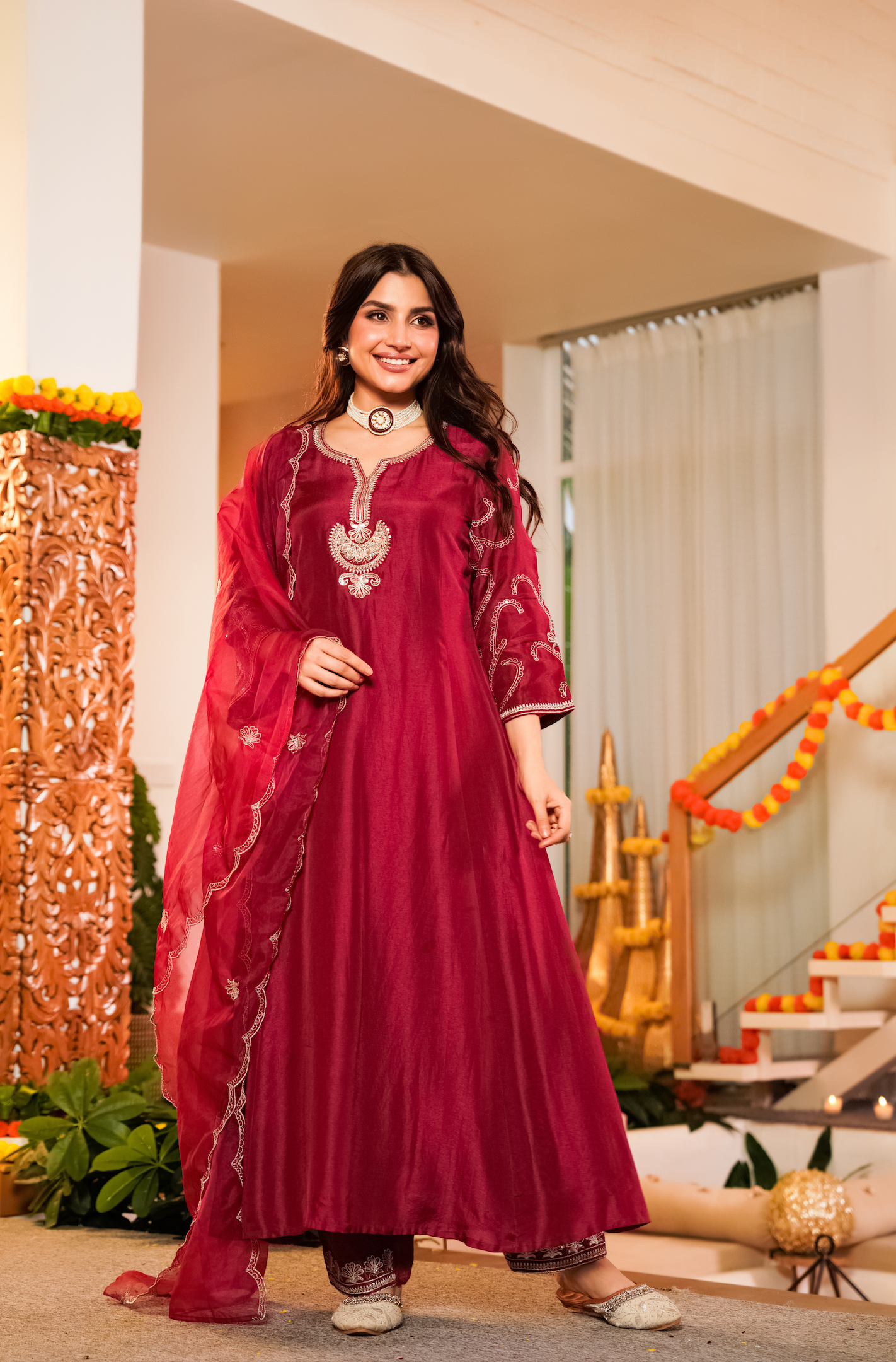 Crimson Embroidered Silk Suit Set