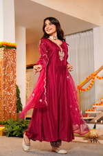 Crimson Embroidered Silk Suit Set