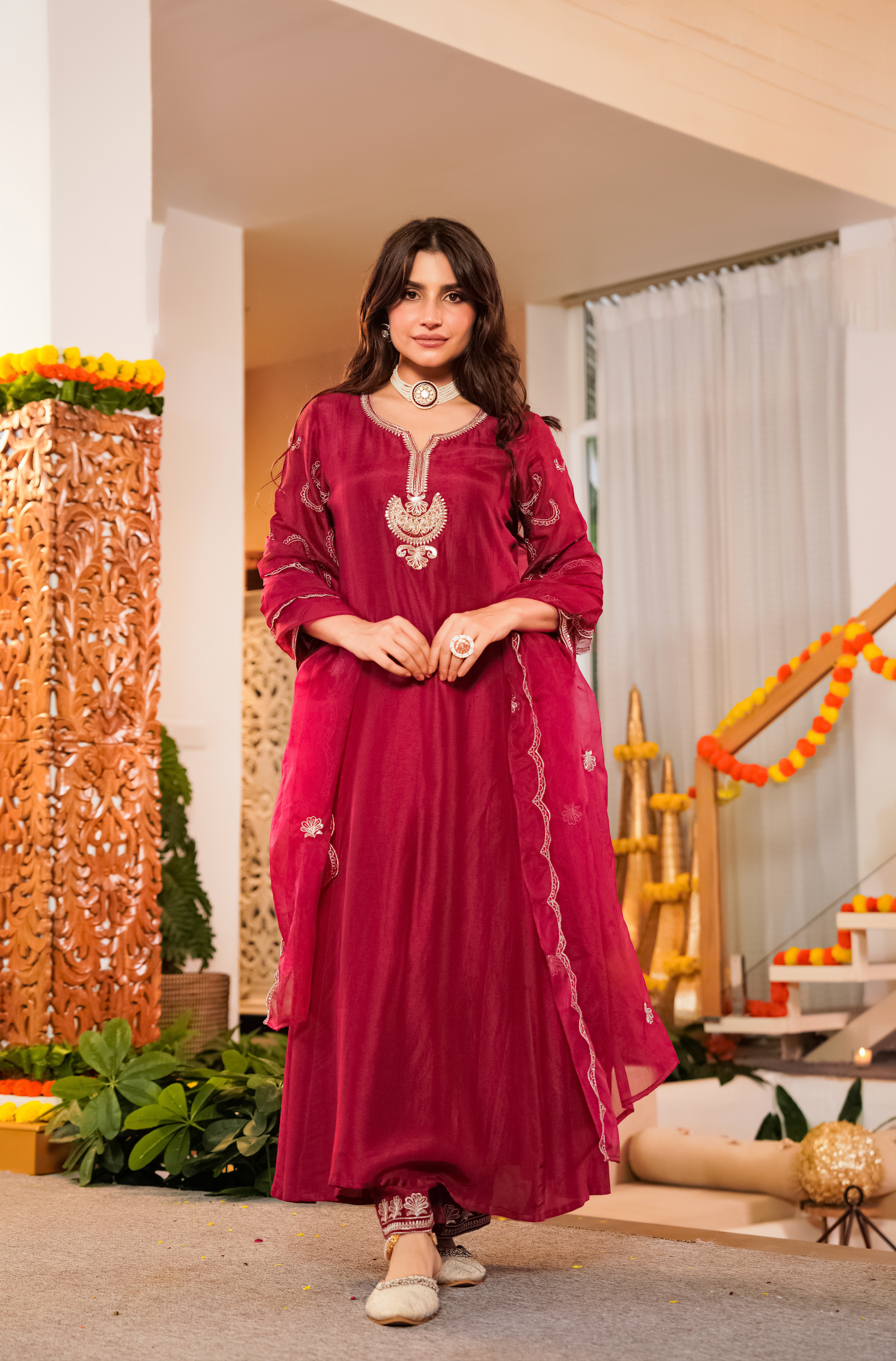 Crimson Embroidered Silk Suit Set