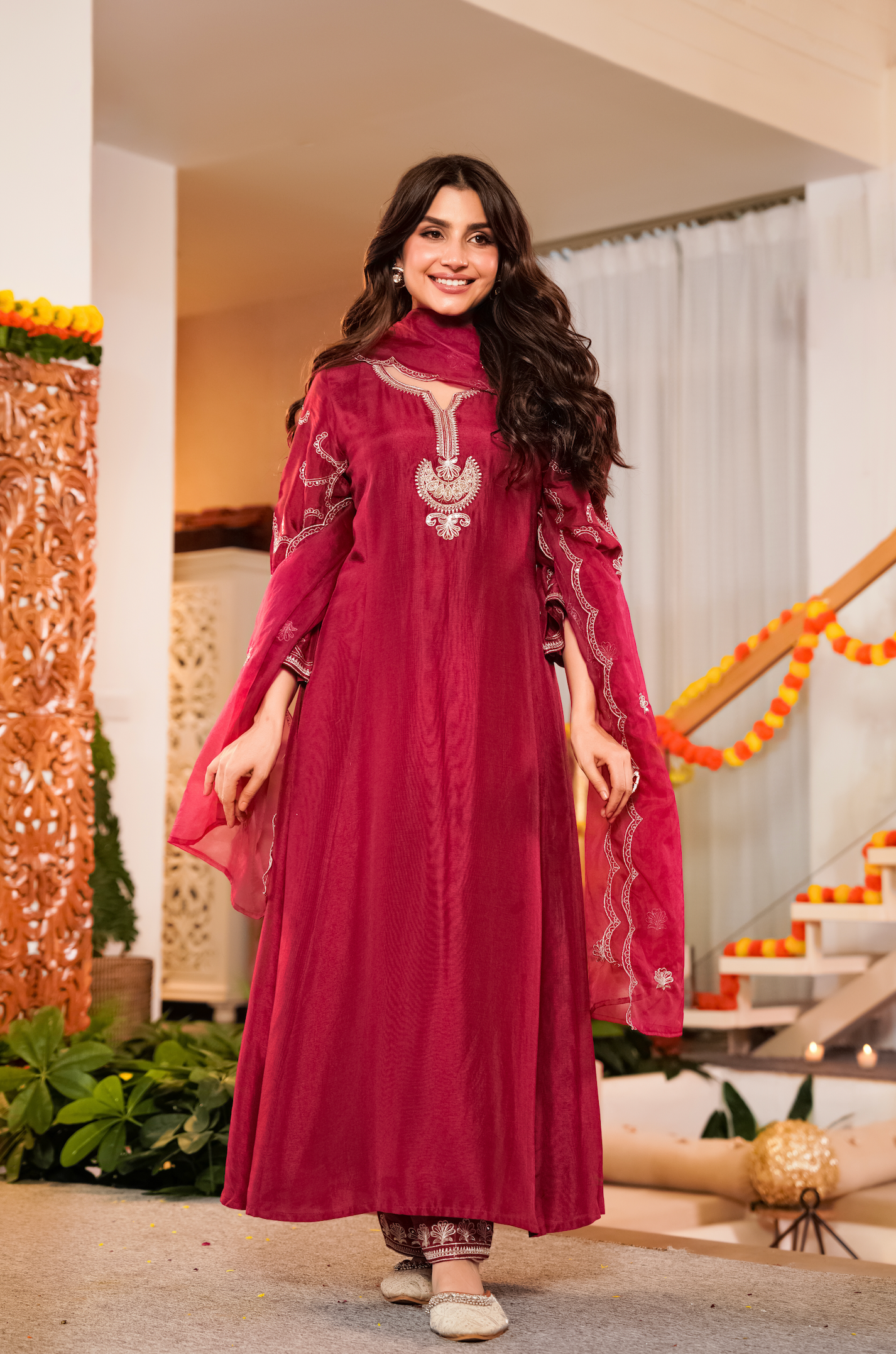 Crimson Embroidered Silk Suit Set