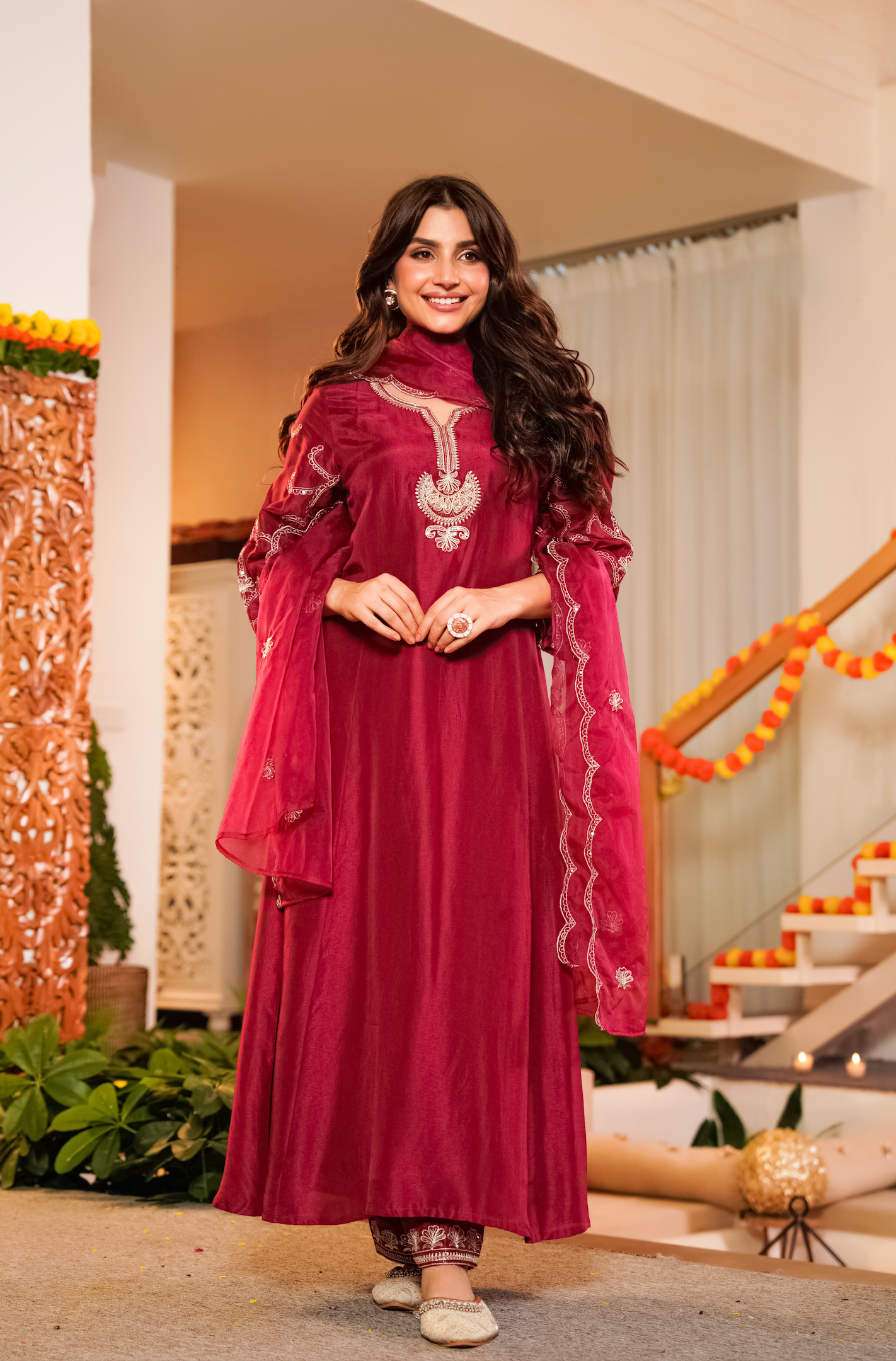Crimson Embroidered Silk Suit Set