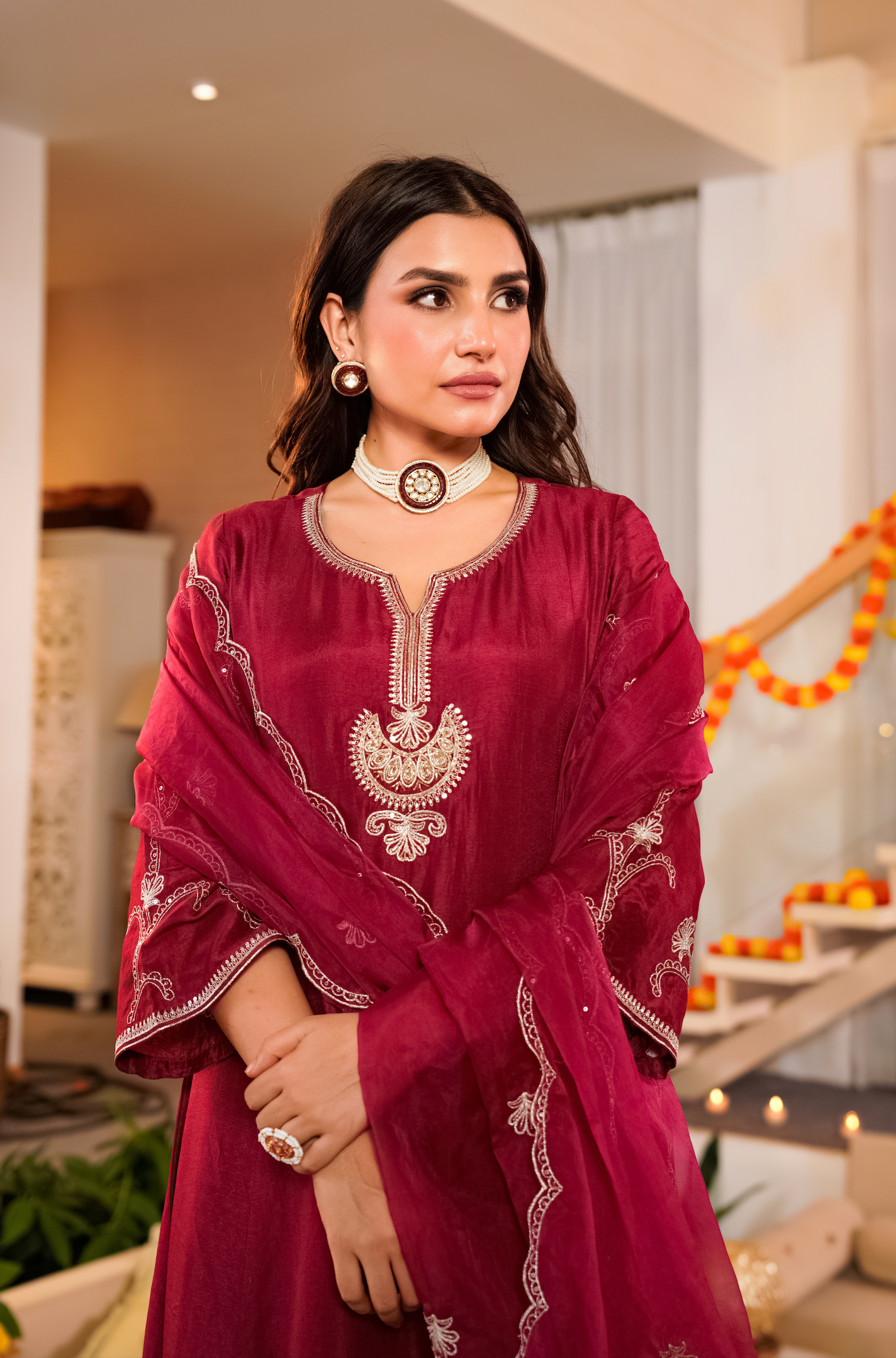 Crimson Embroidered Silk Suit Set