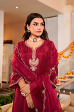 Crimson Embroidered Silk Suit Set