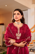 Crimson Embroidered Silk Suit Set