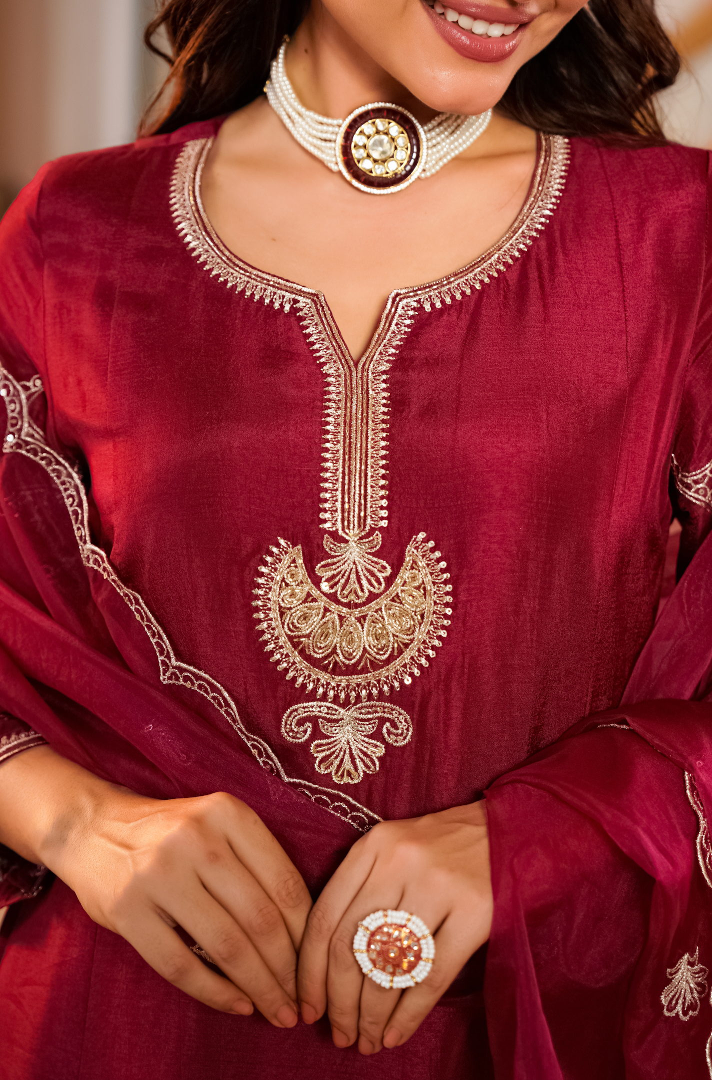 Crimson Embroidered Silk Suit Set