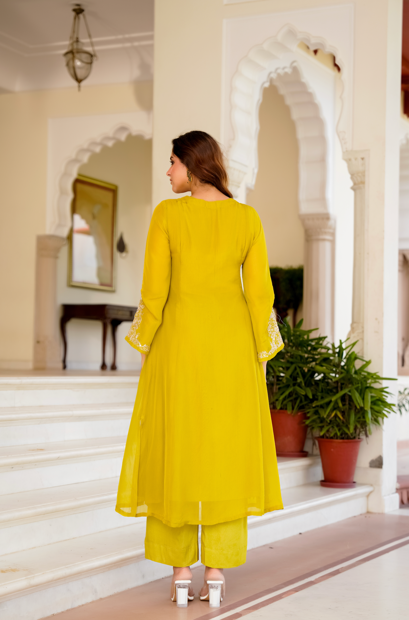 Lime Green Zardosi & Sequeins Work Glass Organza Suit Set