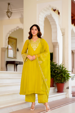 Lime Green Zardosi & Sequeins Work Glass Organza Suit Set
