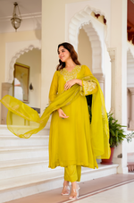 Lime Green Zardosi & Sequeins Work Glass Organza Suit Set