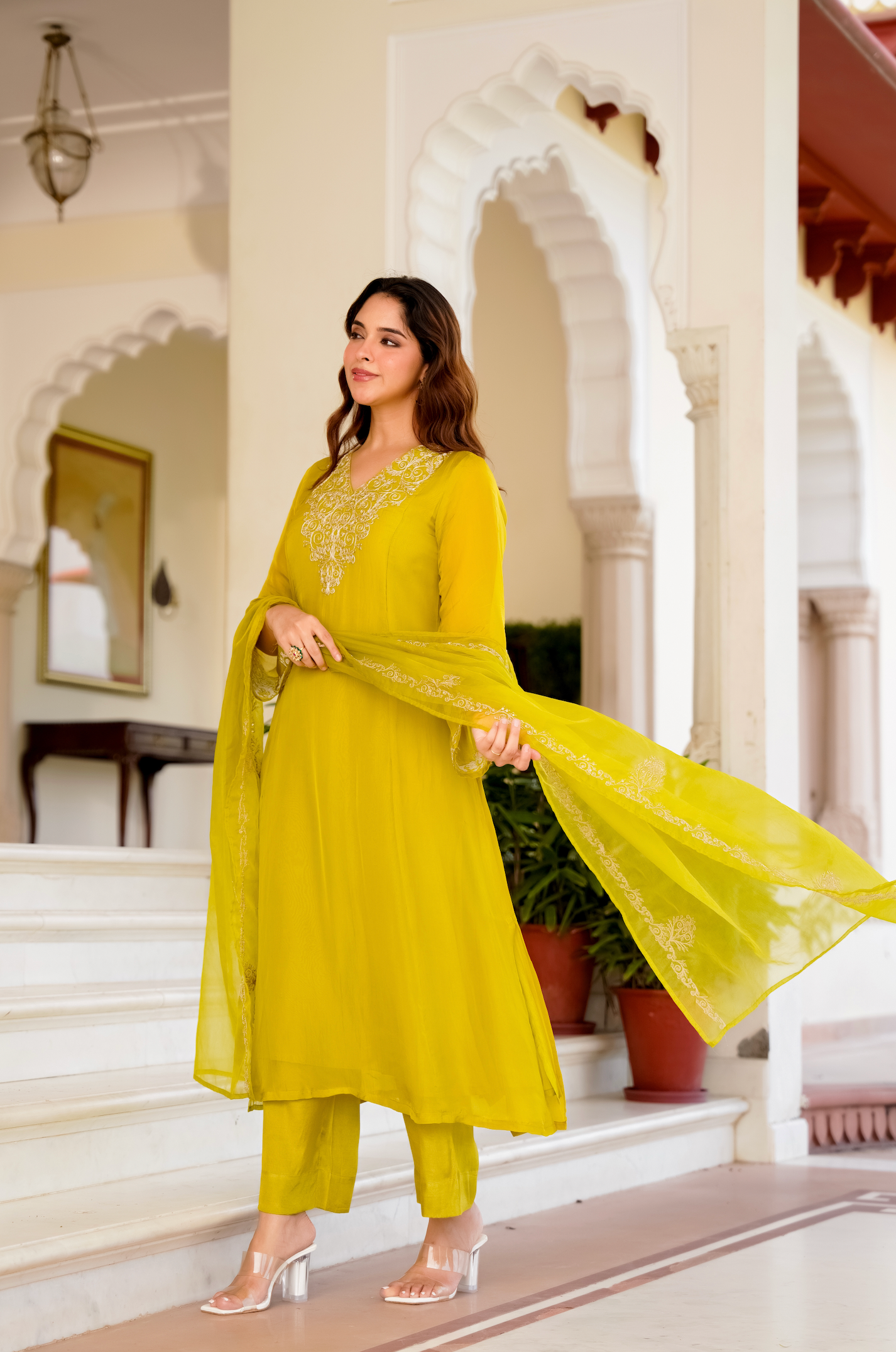 Lime Green Zardosi & Sequeins Work Glass Organza Suit Set