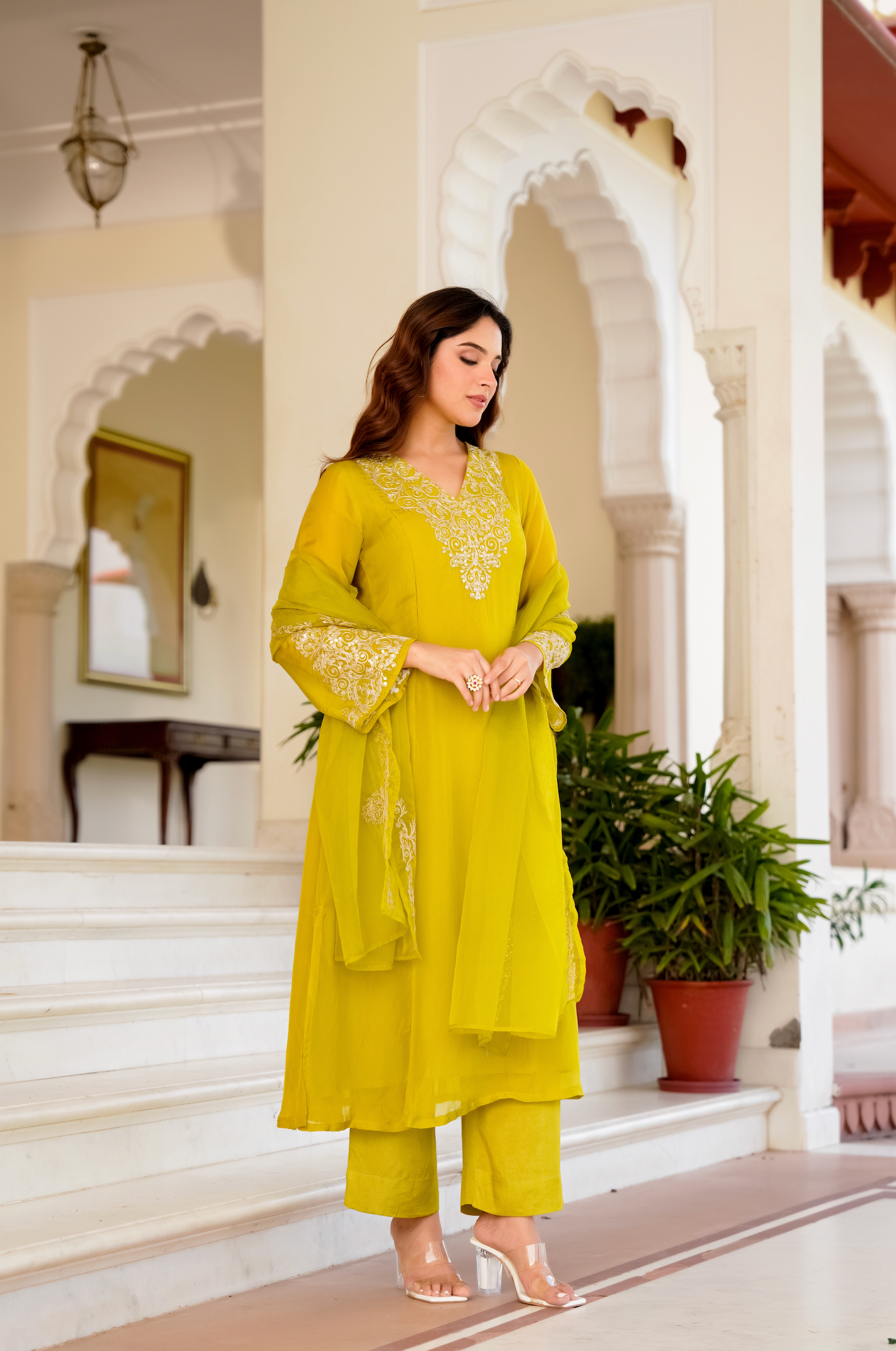 Lime Green Zardosi & Sequeins Work Glass Organza Suit Set