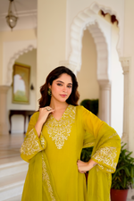 Lime Green Zardosi & Sequeins Work Glass Organza Suit Set