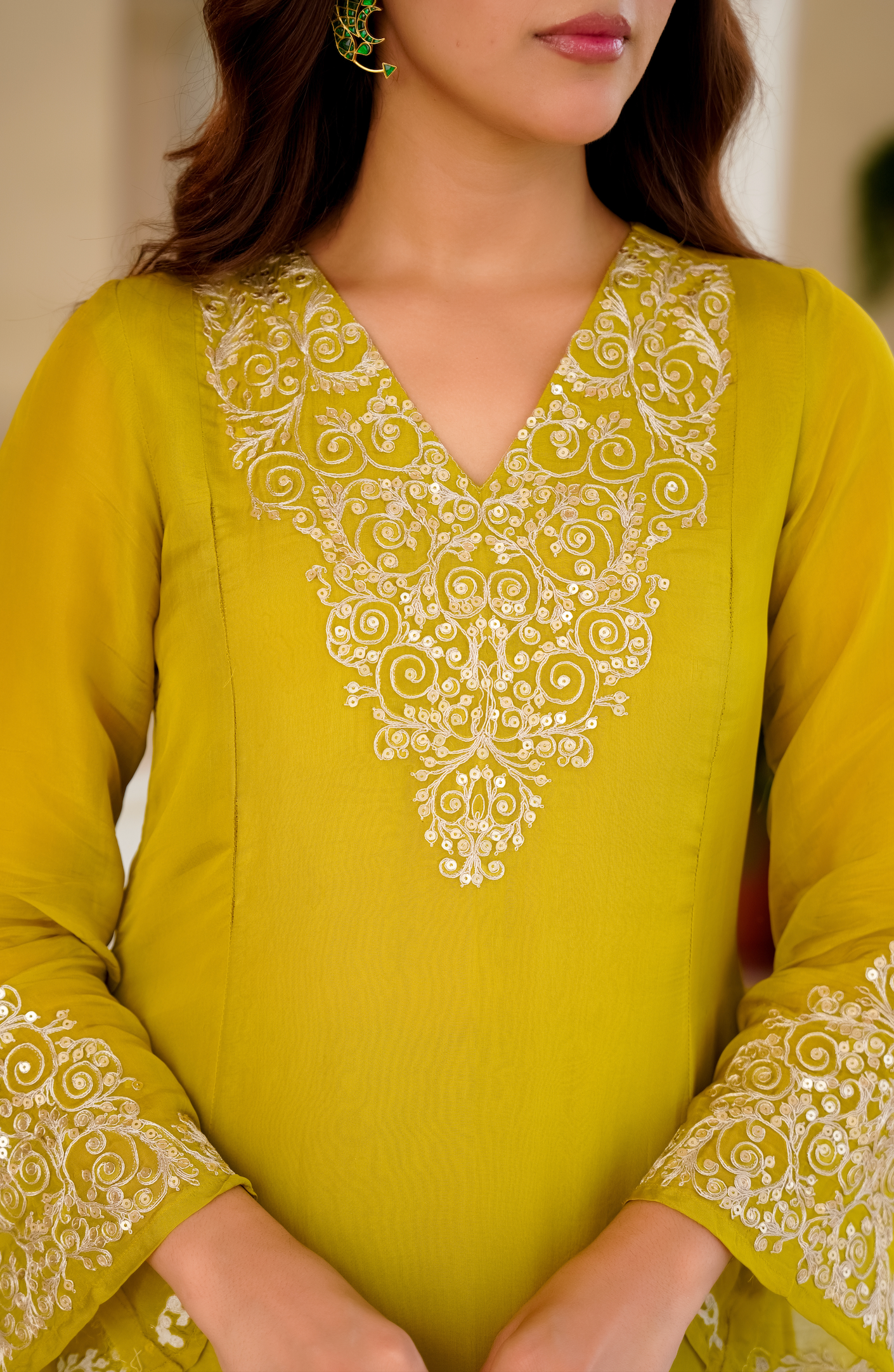 Lime Green Zardosi & Sequeins Work Glass Organza Suit Set