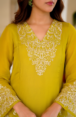 Lime Green Zardosi & Sequeins Work Glass Organza Suit Set