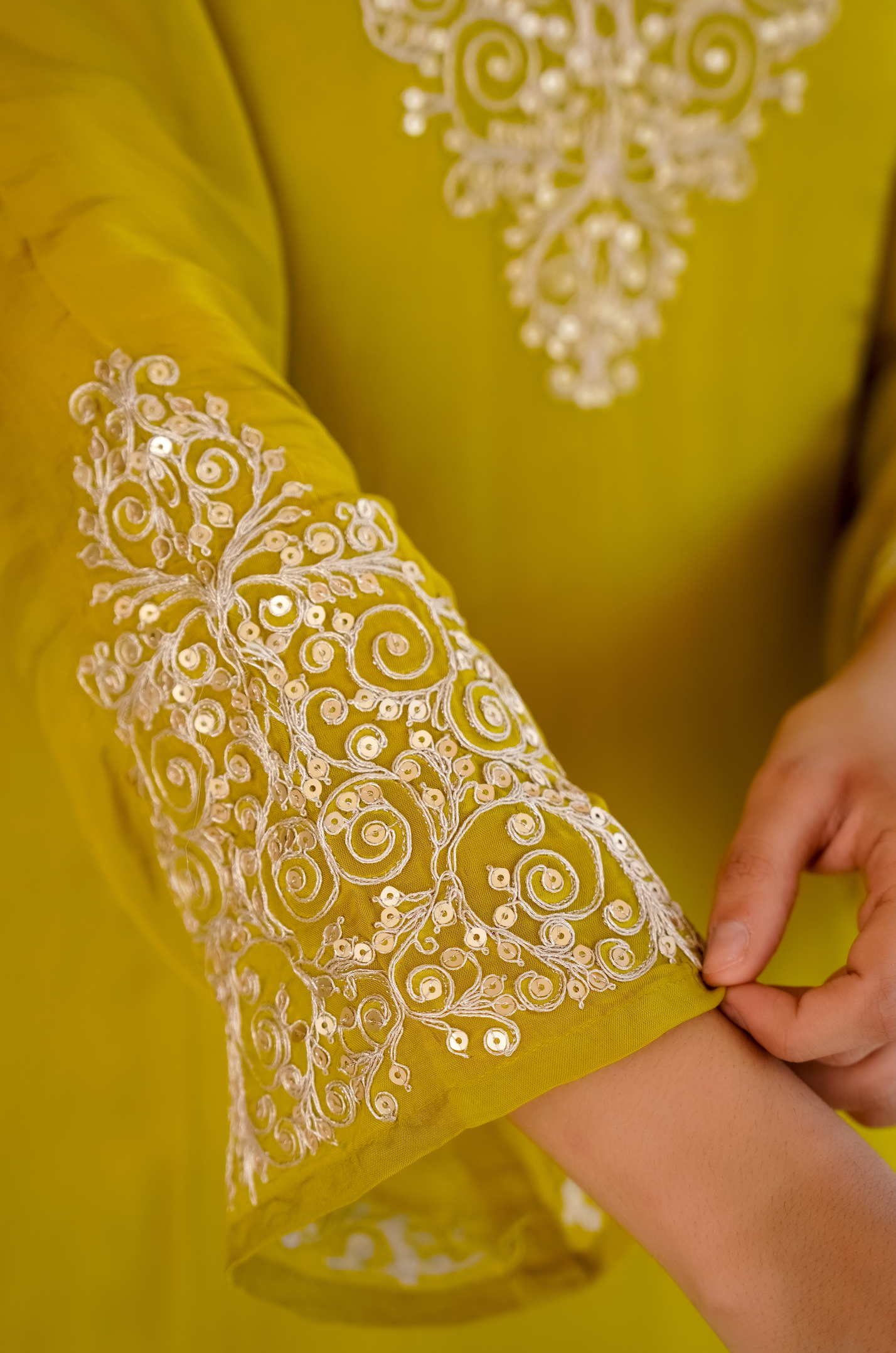 Lime Green Zardosi & Sequeins Work Glass Organza Suit Set