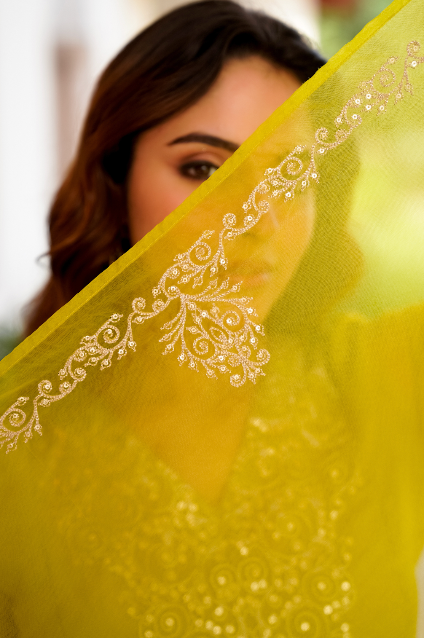 Lime Green Zardosi & Sequeins Work Glass Organza Suit Set