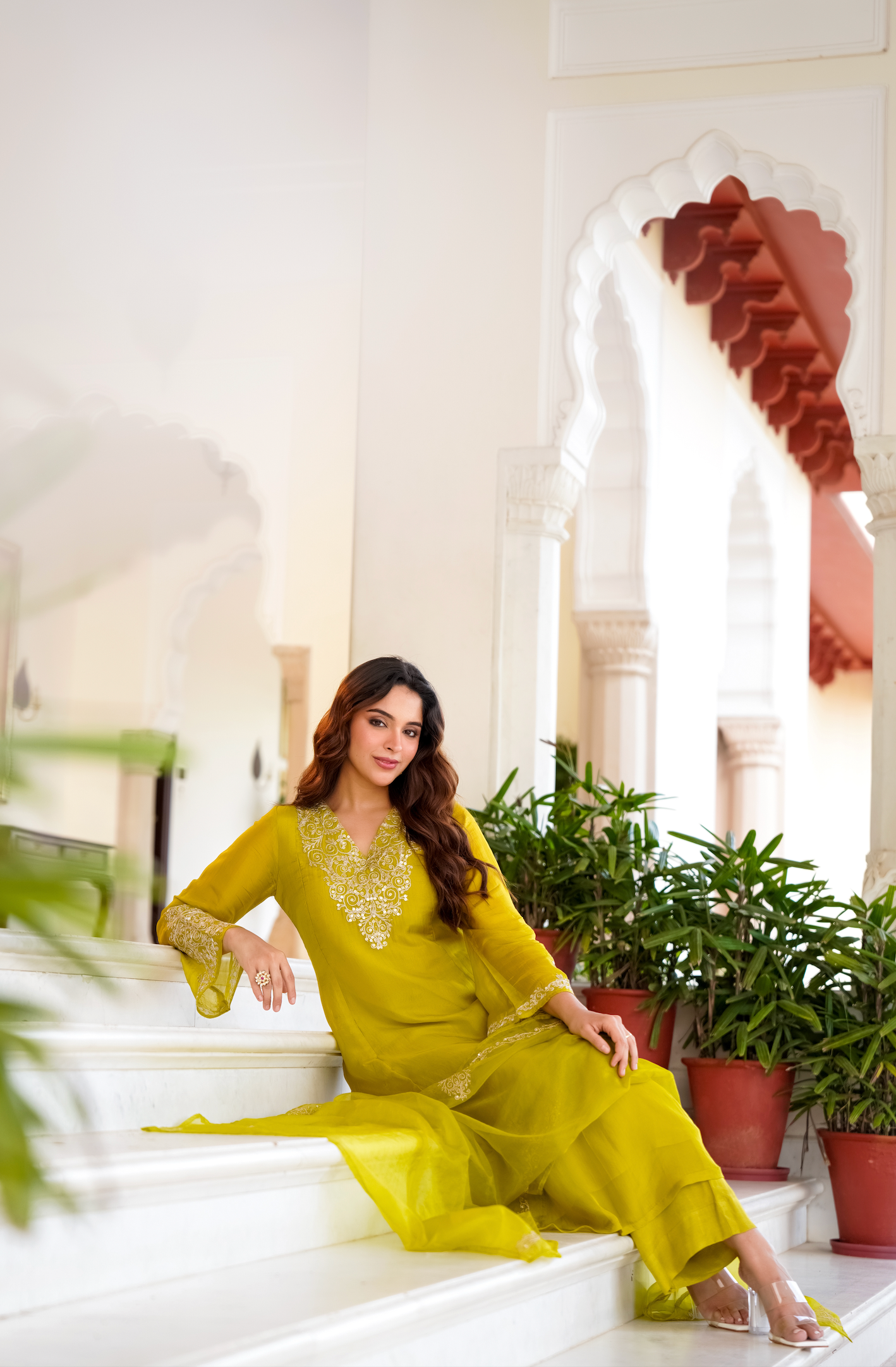 Lime Green Zardosi & Sequeins Work Glass Organza Suit Set