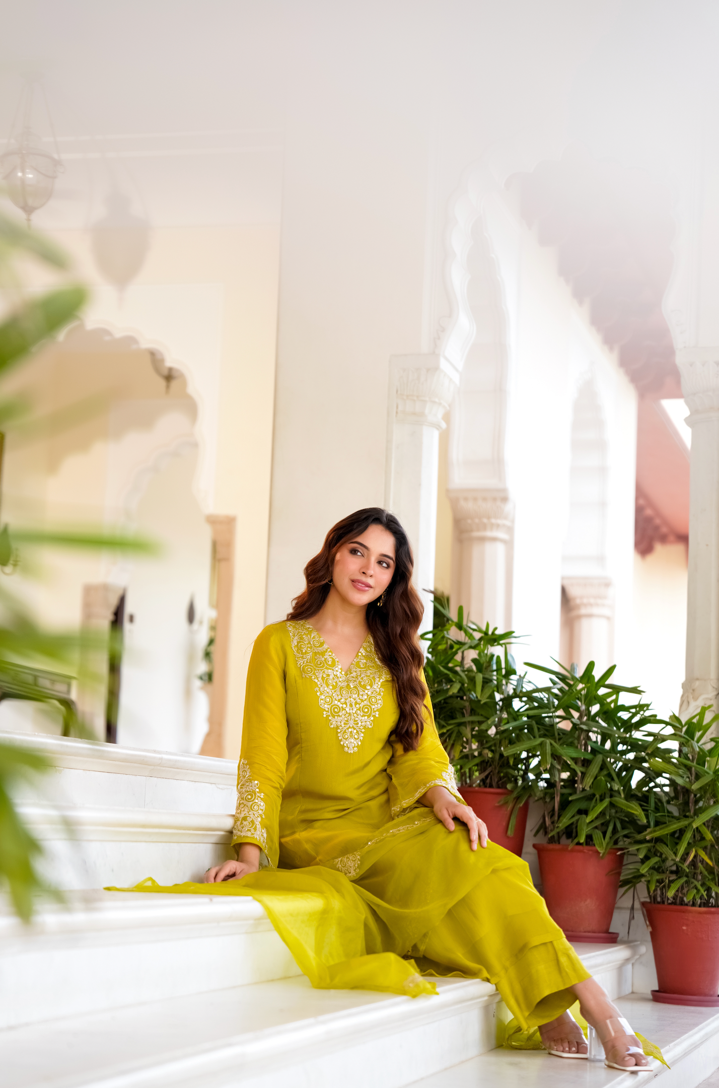 Lime Green Zardosi & Sequeins Work Glass Organza Suit Set