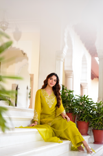 Lime Green Zardosi & Sequeins Work Glass Organza Suit Set