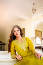 Lime Green Zardosi & Sequeins Work Glass Organza Suit Set