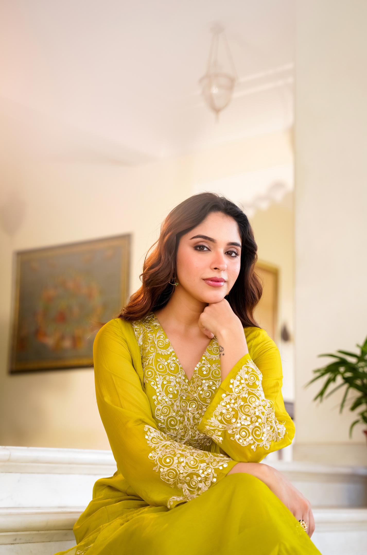 Lime Green Zardosi & Sequeins Work Glass Organza Suit Set