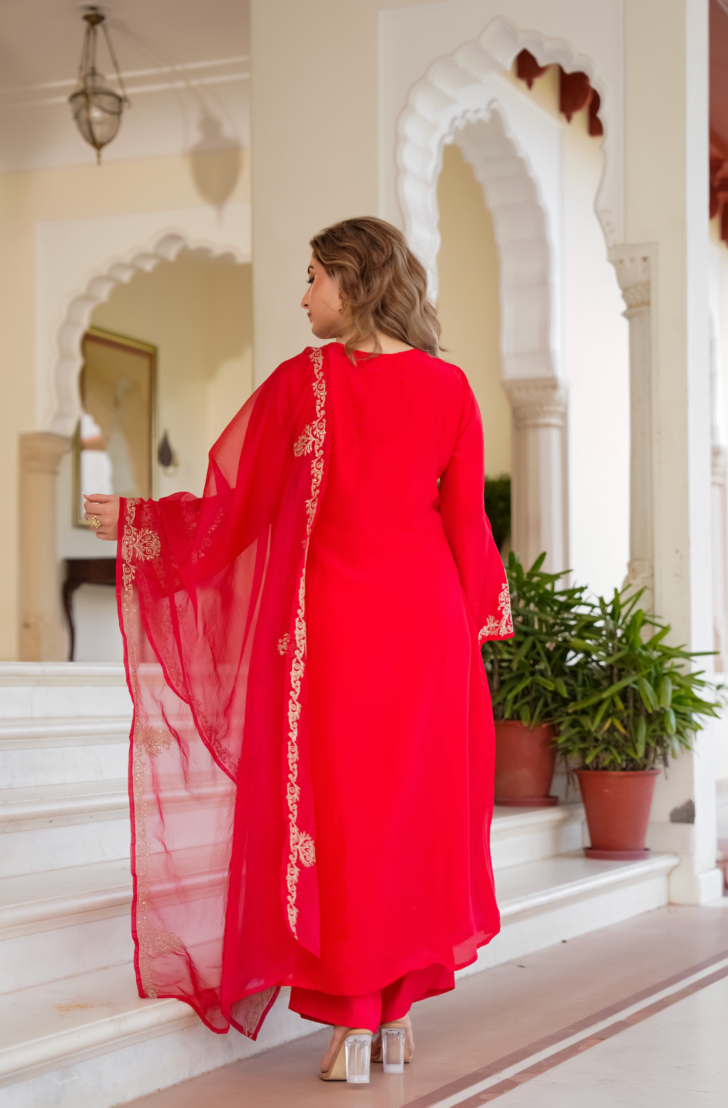 Red Zardosi & Sequeins Work Glass Organza Suit Set