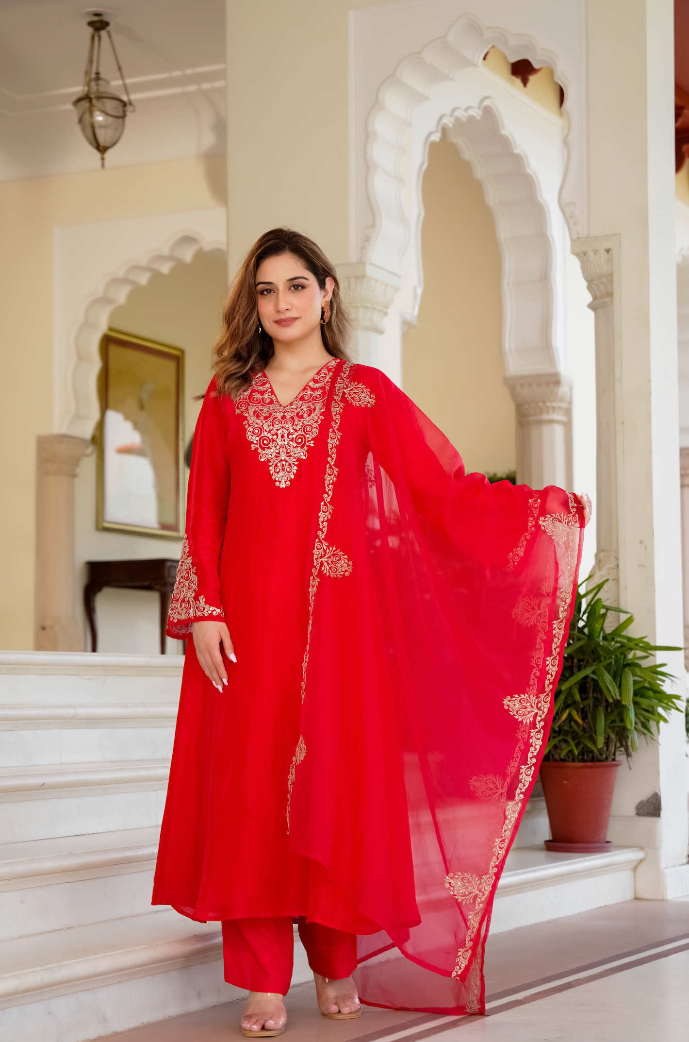 Red Zardosi & Sequeins Work Glass Organza Suit Set