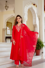 Red Zardosi & Sequeins Work Glass Organza Suit Set