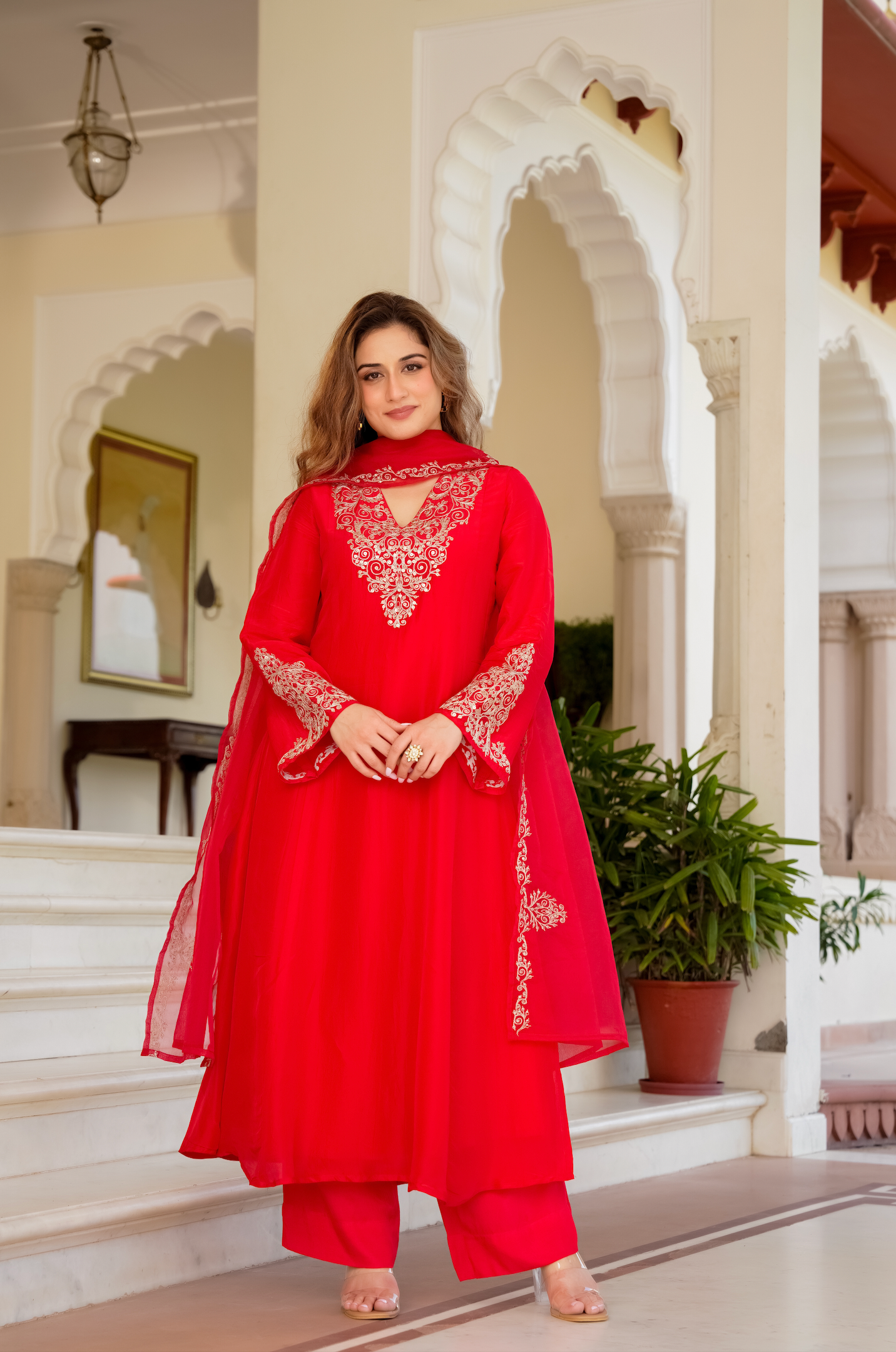 Red Zardosi & Sequeins Work Glass Organza Suit Set