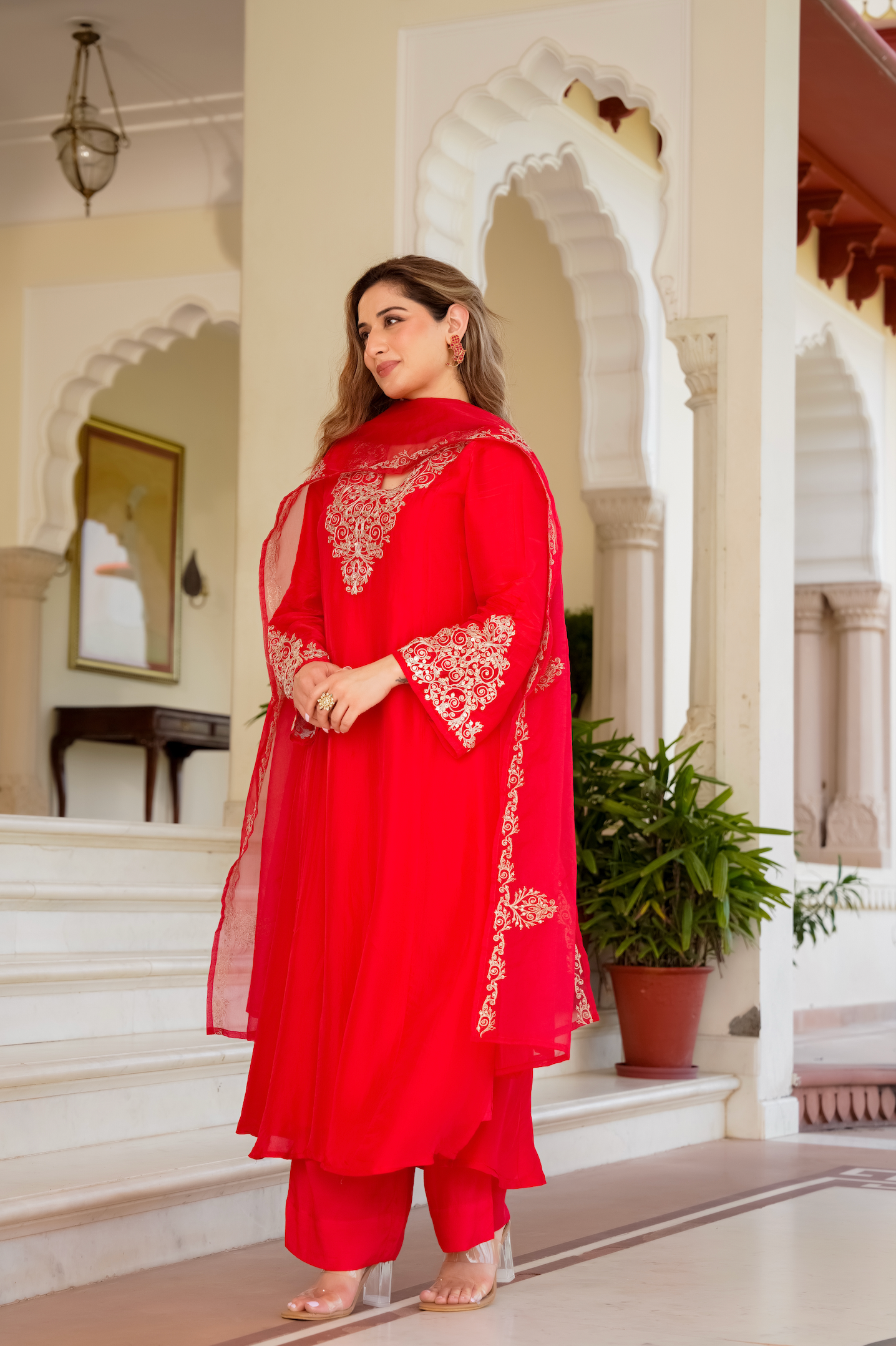Red Zardosi & Sequeins Work Glass Organza Suit Set