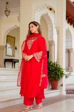 Red Zardosi & Sequeins Work Glass Organza Suit Set