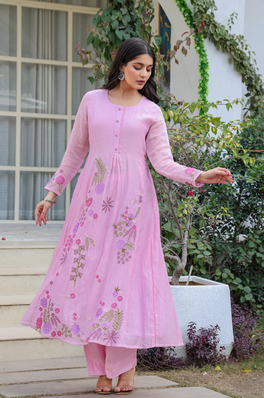 Mul Chenderi Embroidered Applic Work Kurta Pant & Dupatta (2 Colors) Only one Left
