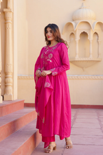Fuchsia Pink Cotton Embroidered Kurta Suit