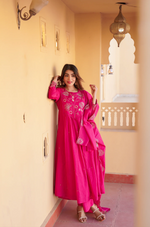 Fuchsia Pink Cotton Embroidered Kurta Suit