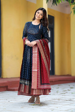 Bandhani Anarkali Suit Set In Navy Blue