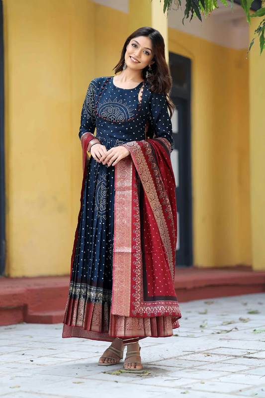 Bandhani Anarkali Suit Set In Navy Blue