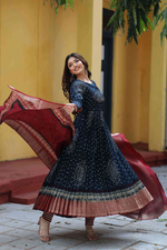 Bandhani Anarkali Suit Set In Navy Blue