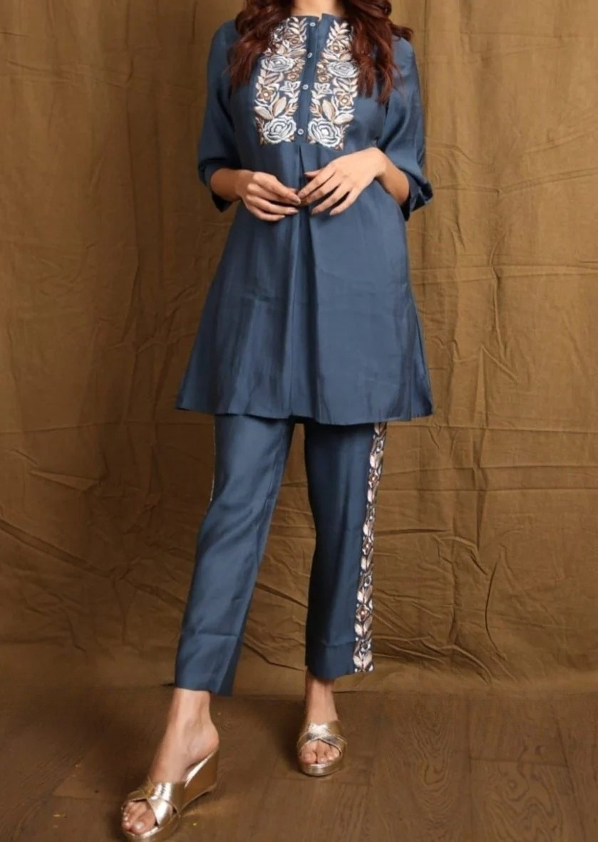 Navy Blue Cotton Embroidered Co-Ord Set