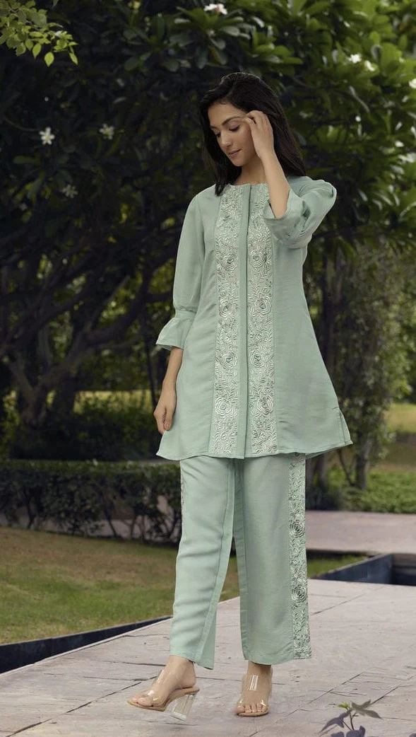 Pastel Green Cotton Embroidered Co-Ord Set