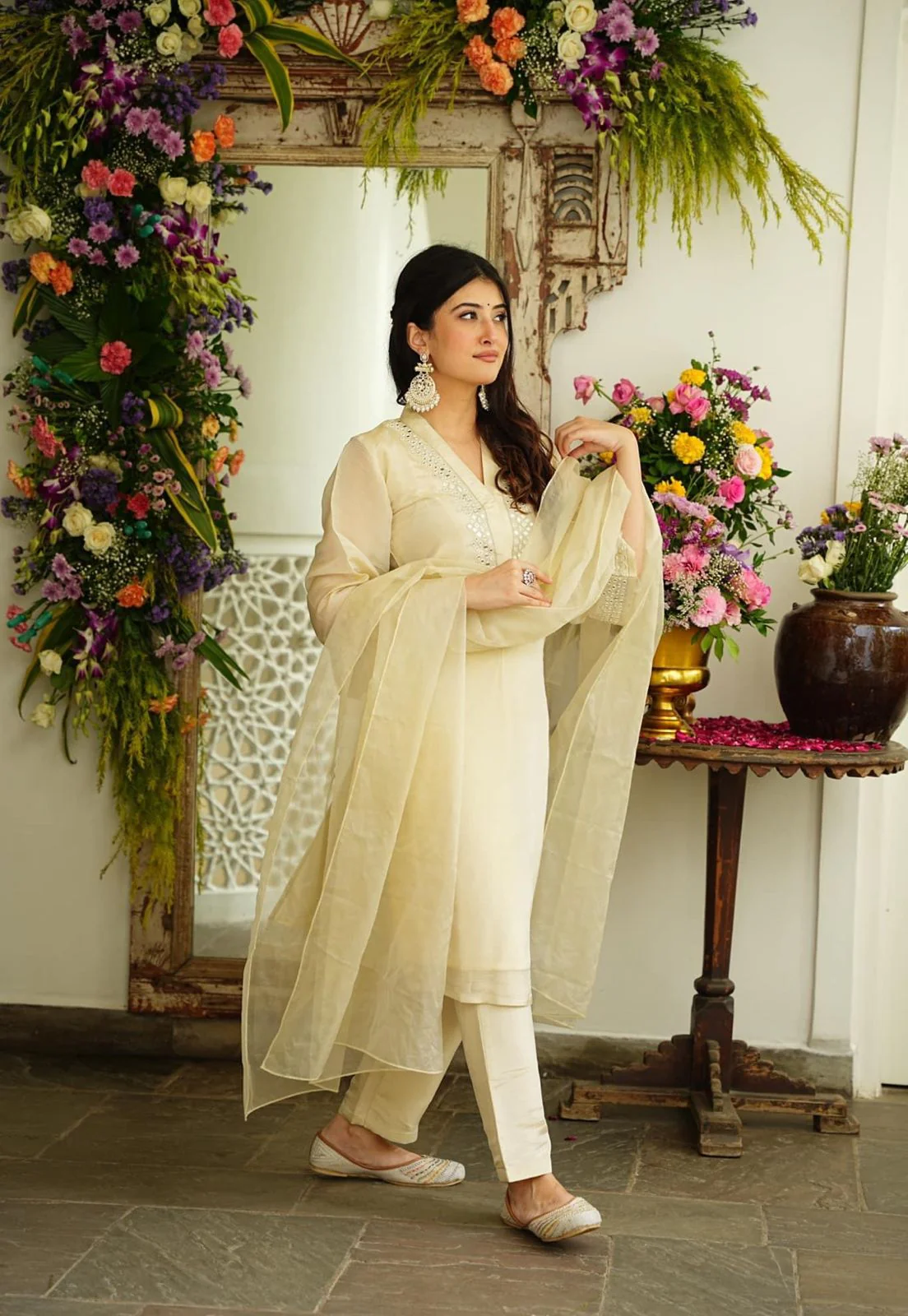 Soft Chanderi Embroidered Foil Mirror Work Kurta Pant & Dupatta