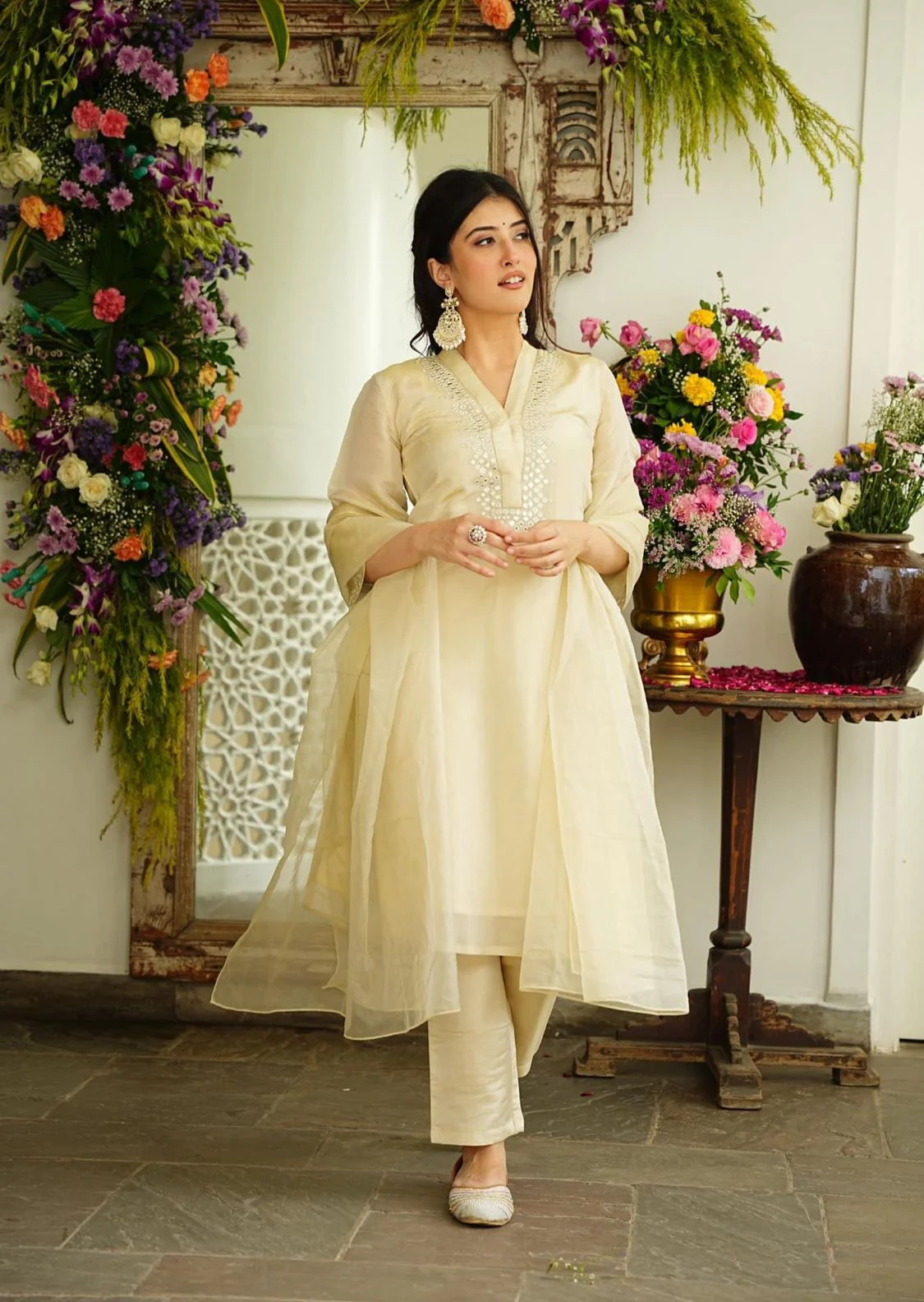 Soft Chanderi Embroidered Foil Mirror Work Kurta Pant & Dupatta