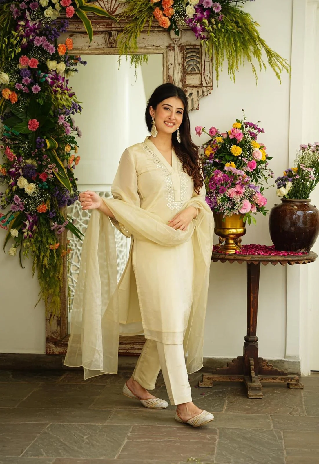 Soft Chanderi Embroidered Foil Mirror Work Kurta Pant & Dupatta