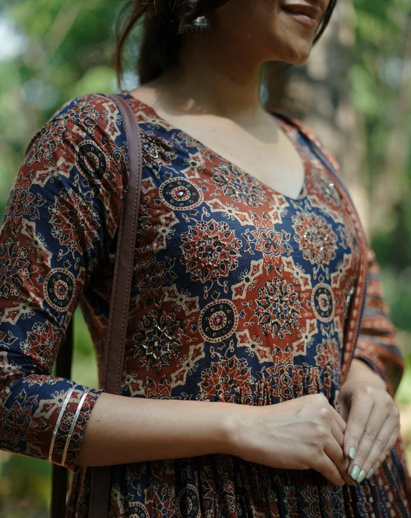 Cotton Ajrakh Aliya Cut Anarkali Suit