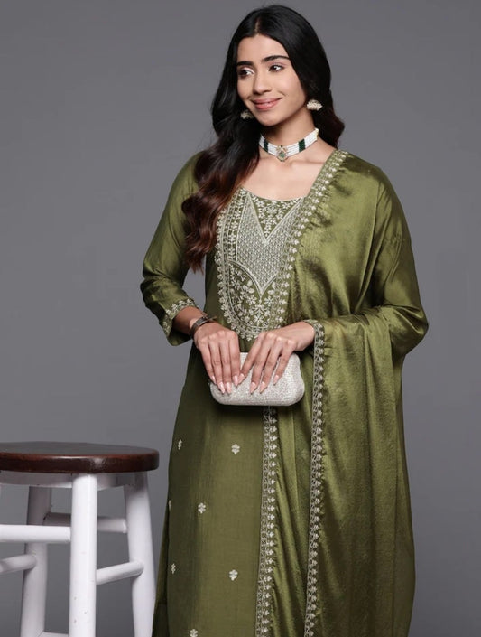 Mahendi Chanderi kurta pant with Dupatta- Festive Suit