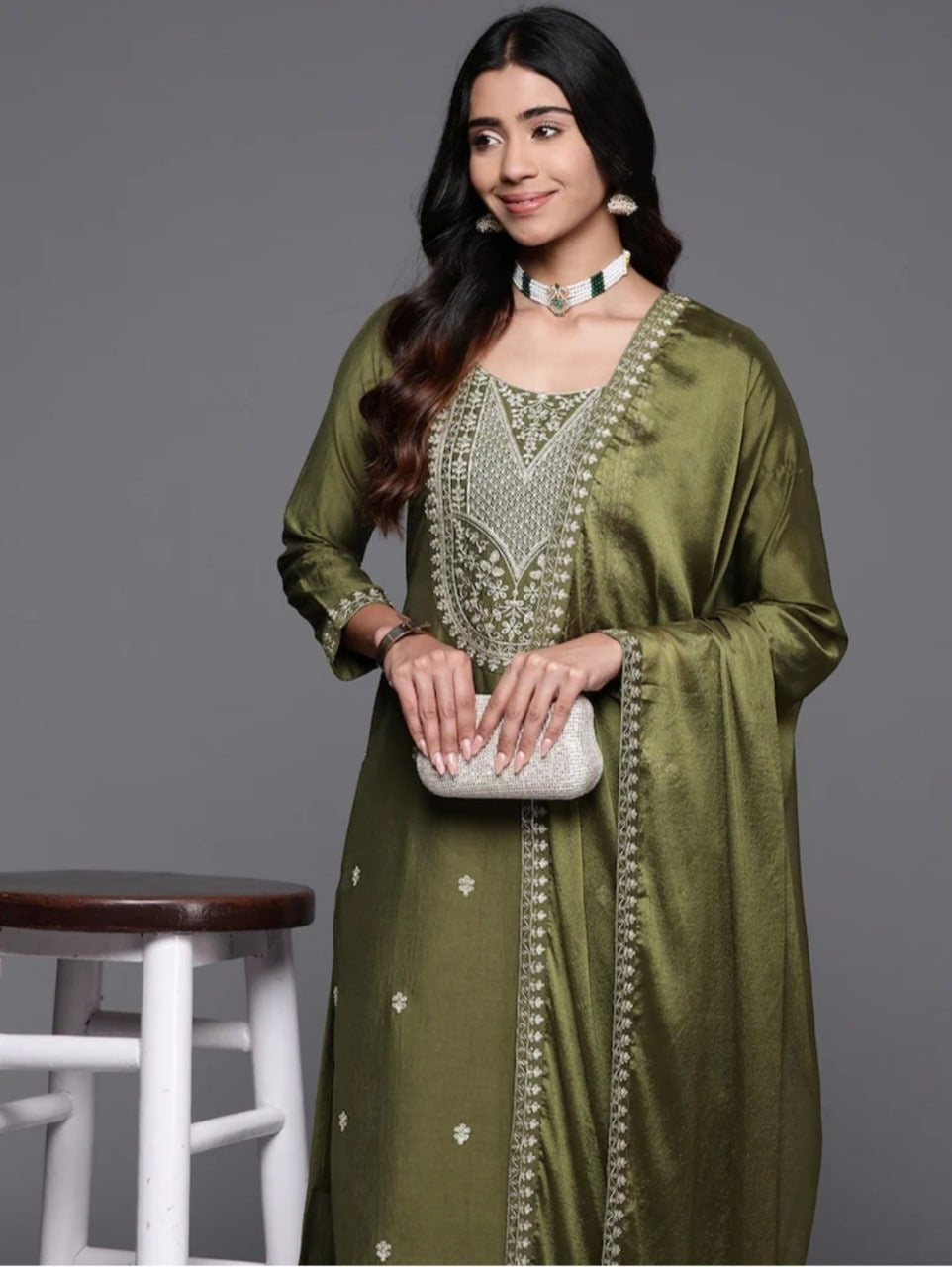 Mahendi Chanderi kurta pant with Dupatta- Festive Suit