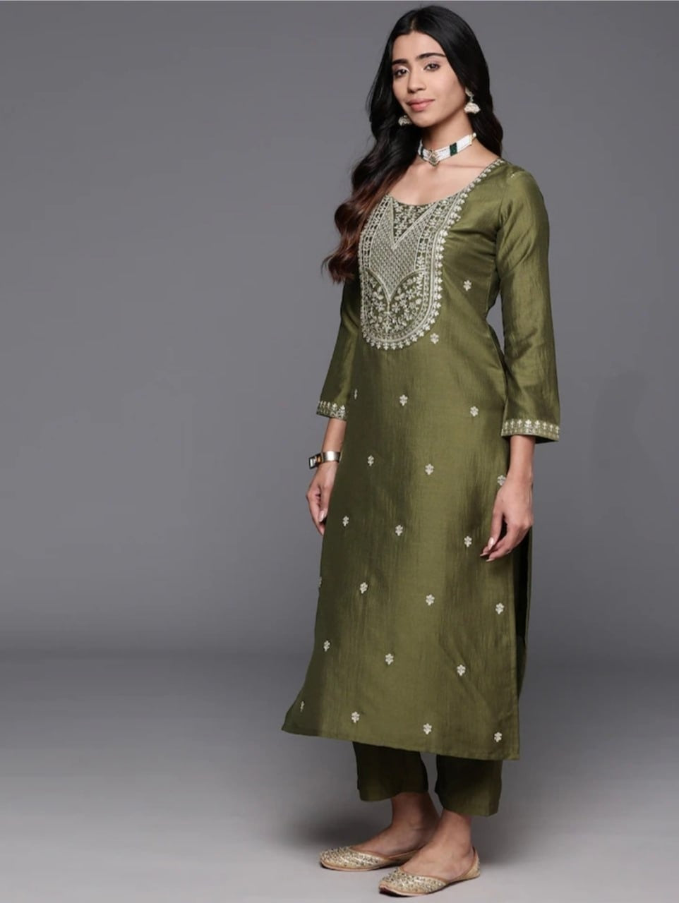 Mahendi Chanderi kurta pant with Dupatta- Festive Suit