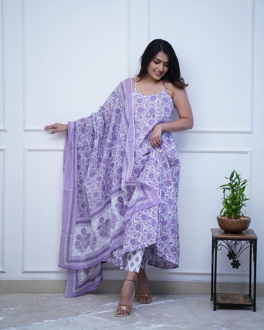 Purple Cotton Floral Anarkali Suit