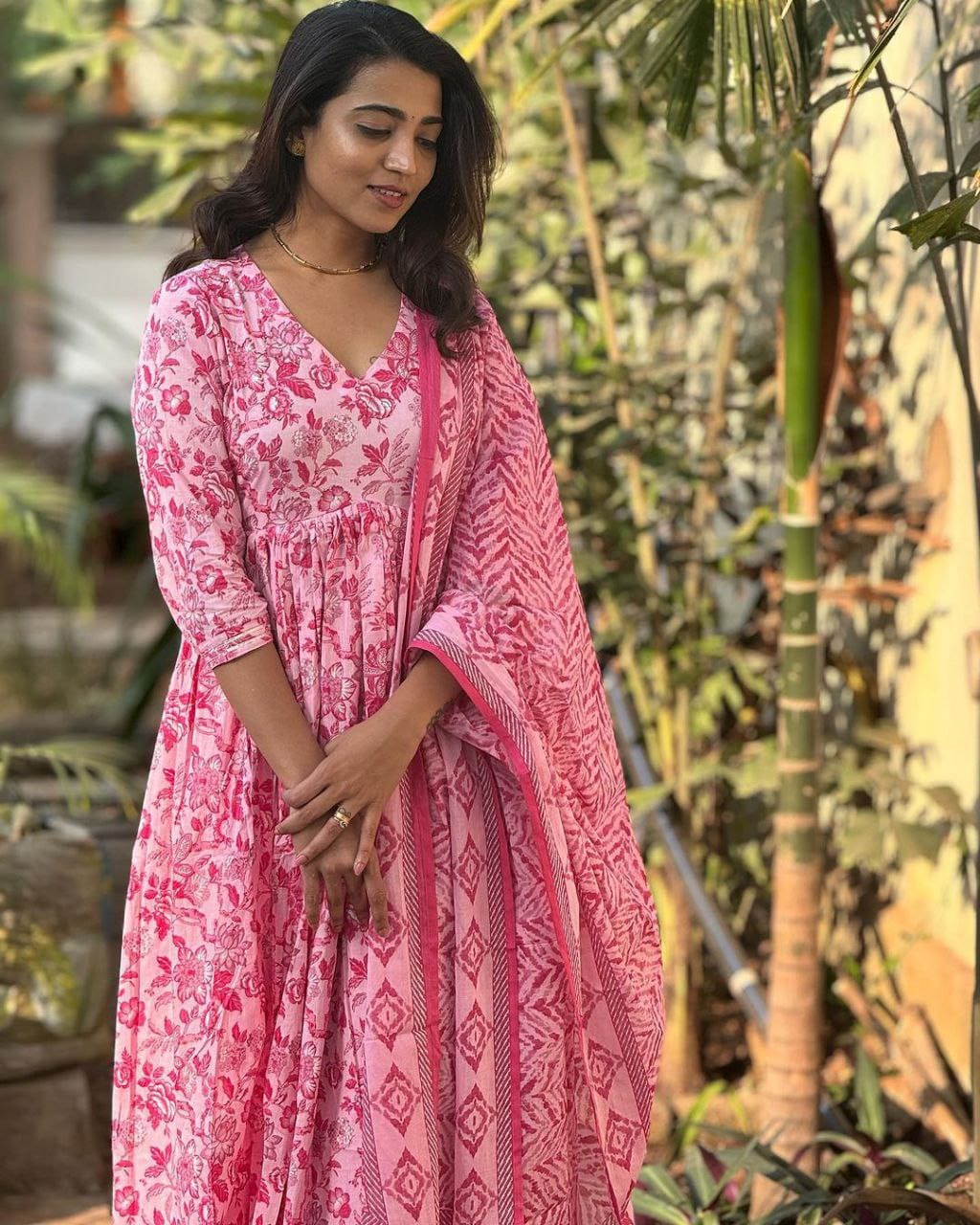 Floral Print Cotton Flared Kurta With Pant & Dupatta